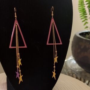 Pink and Gold Triangle Geometric Dangle Earrings With Yellow And Purple Stars